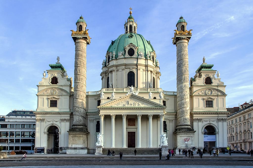 Stunning view of St. Charles Church, a Baroque architectural masterpiece in Vienna, Austria.