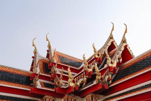 Captivating view of traditional Thai temple roof with ornate details in Bangkok, Thailand.