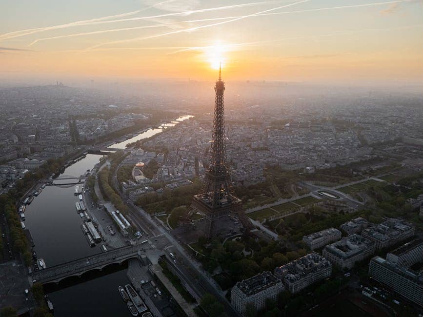 pexels-photo-31662035-31662035 Stunning aerial view of the Eiffel Tower at sunrise in Paris, France.