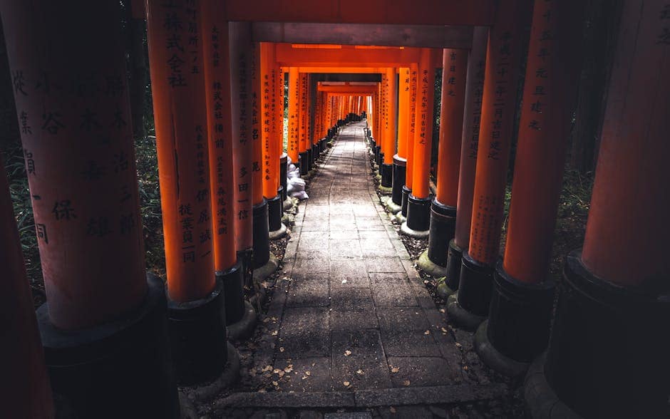 pexels-photo-6262904-6262904 Captivating view of the iconic torii gate tunnel at Fushimi Inari Shrine in Kyoto, Japan.